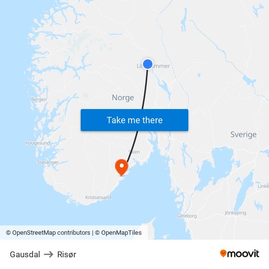 Gausdal to Risør map