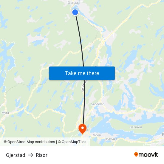Gjerstad to Risør map