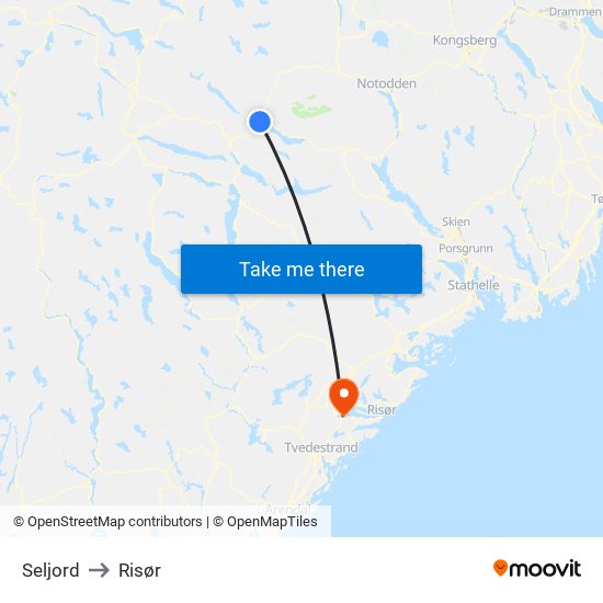 Seljord to Risør map