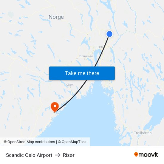 Scandic Oslo Airport to Risør map