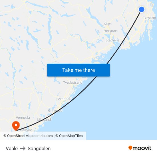 Vaale to Songdalen map