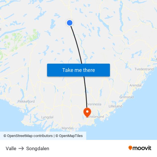 Valle to Songdalen map