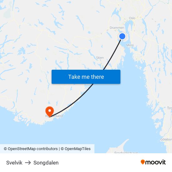 Svelvik to Songdalen map