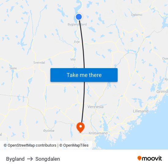 Bygland to Songdalen map