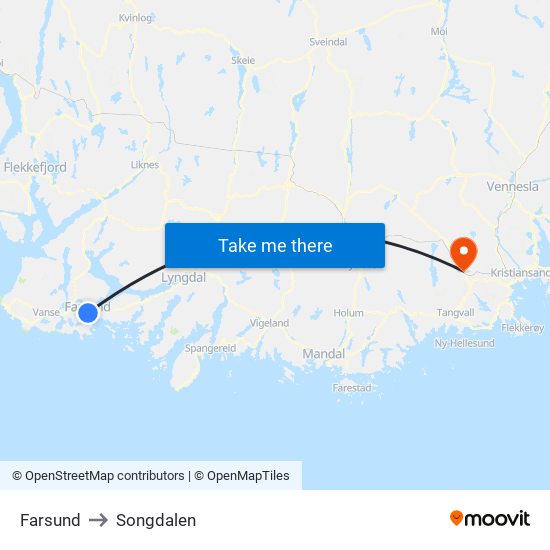 Farsund to Songdalen map