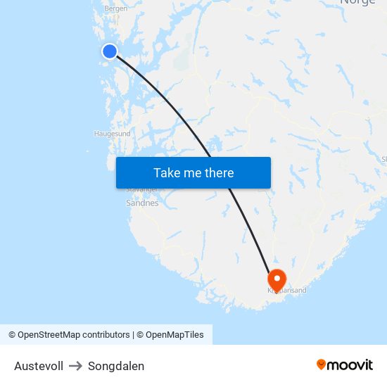 Austevoll to Songdalen map