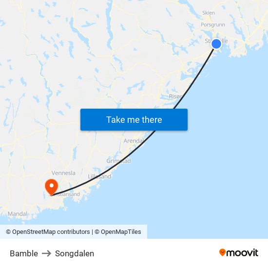 Bamble to Songdalen map