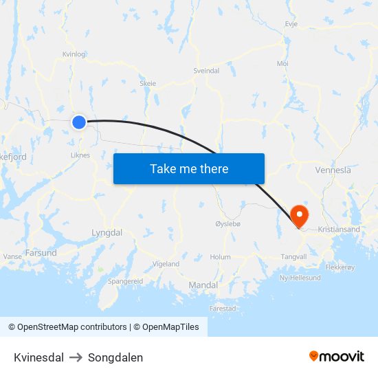 Kvinesdal to Songdalen map