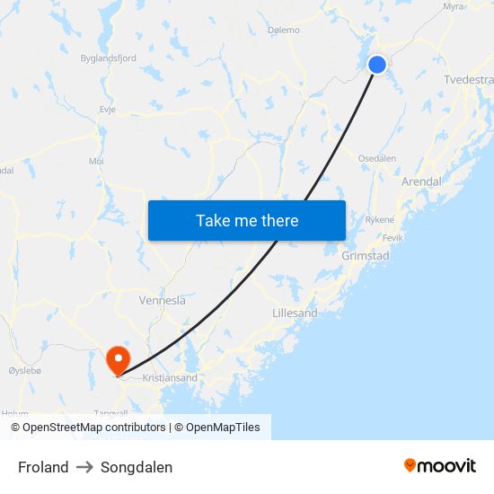 Froland to Songdalen map