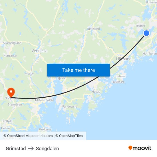 Grimstad to Songdalen map