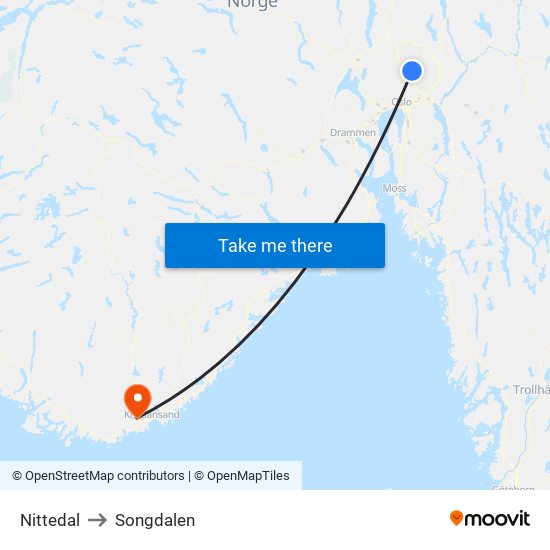 Nittedal to Songdalen map