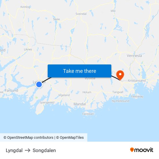 Lyngdal to Songdalen map