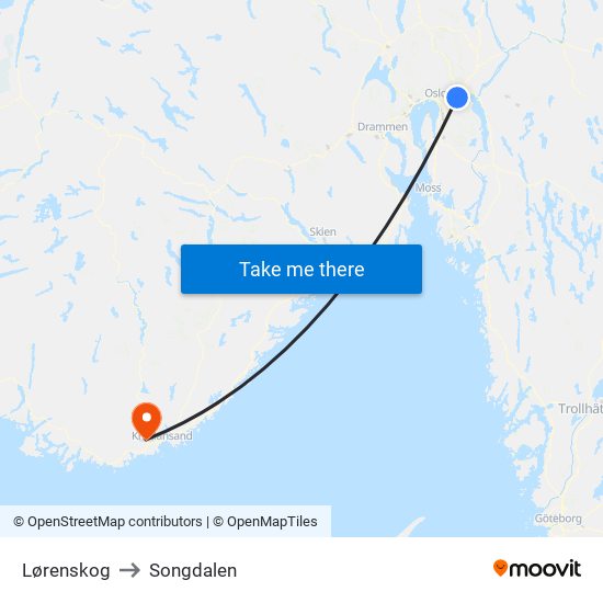 Lørenskog to Songdalen map