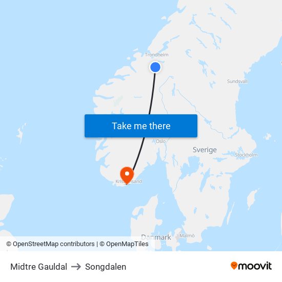 Midtre Gauldal to Songdalen map