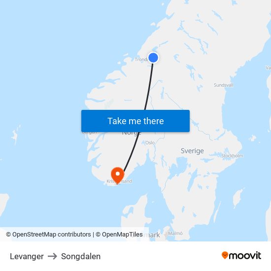 Levanger to Songdalen map