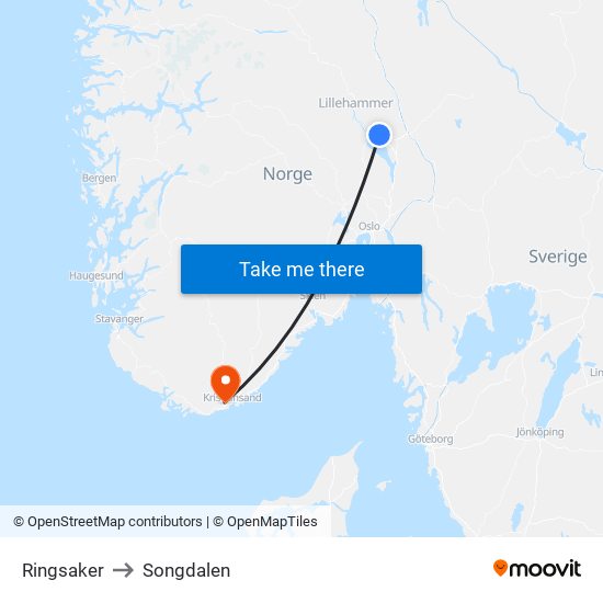 Ringsaker to Songdalen map