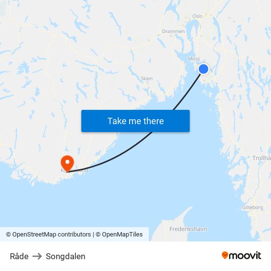 Råde to Songdalen map