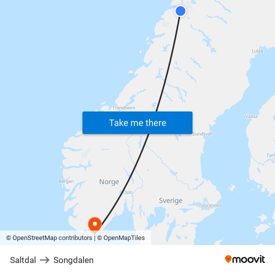 Saltdal to Songdalen map