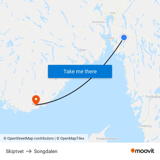 Skiptvet to Songdalen map