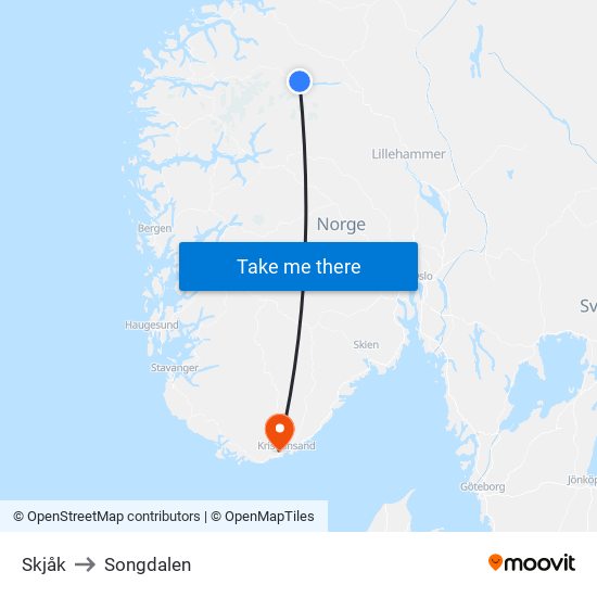 Skjåk to Songdalen map