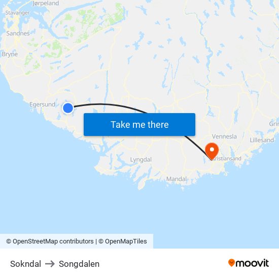 Sokndal to Songdalen map