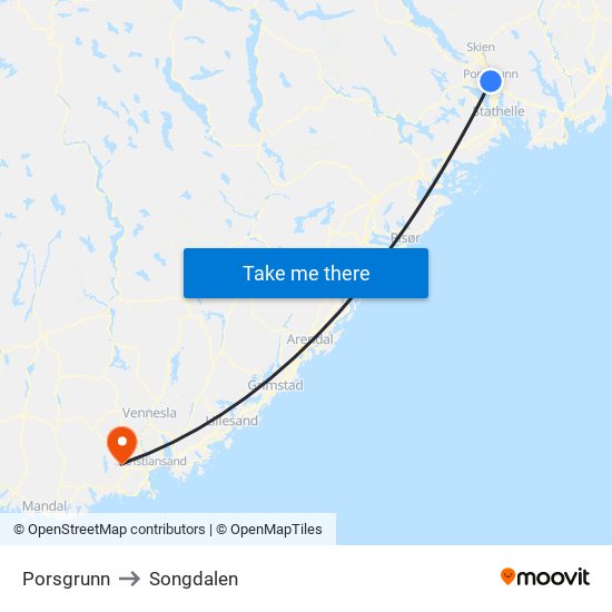 Porsgrunn to Songdalen map