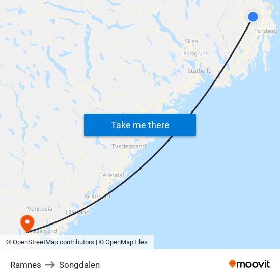 Ramnes to Songdalen map