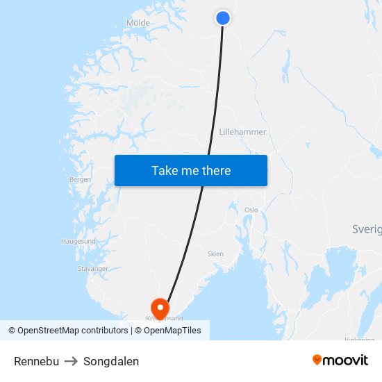 Rennebu to Songdalen map