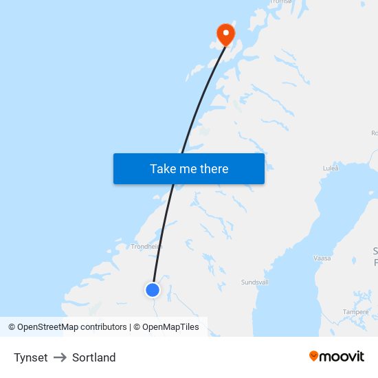 Tynset to Sortland map