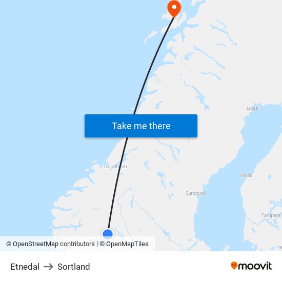 Etnedal to Sortland map