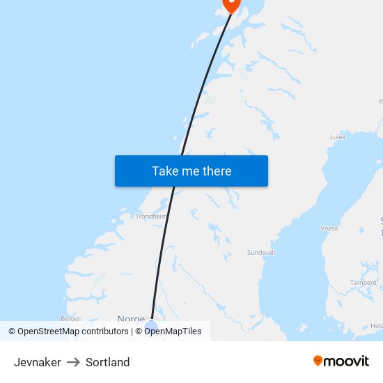 Jevnaker to Sortland map