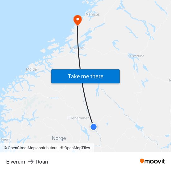 Elverum to Roan map