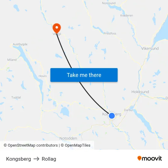 Kongsberg to Rollag map