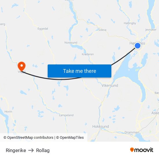 Ringerike to Rollag map