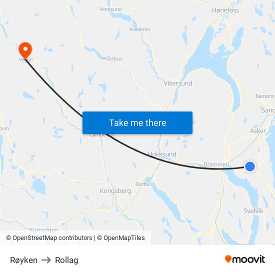 Røyken to Rollag map