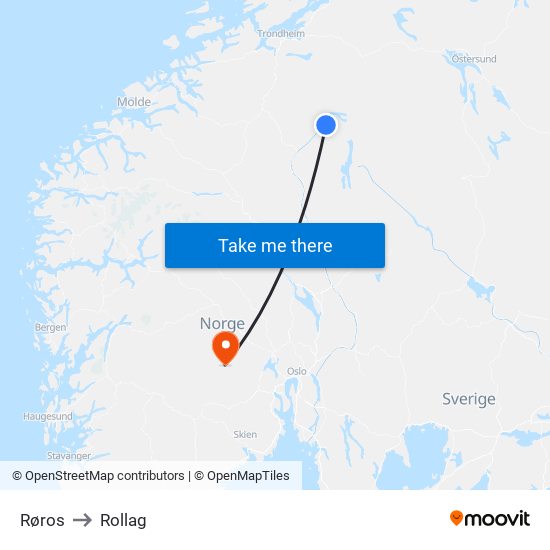 Røros to Rollag map