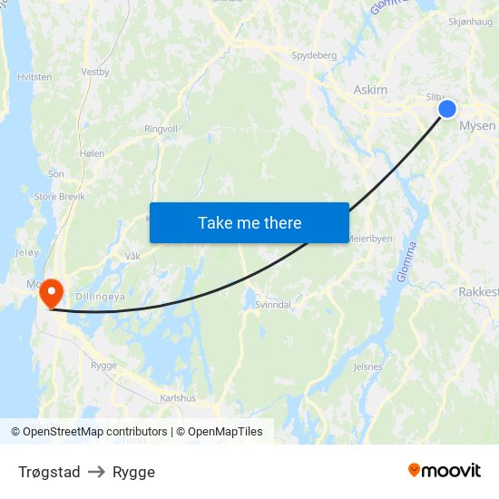 Trøgstad to Rygge map