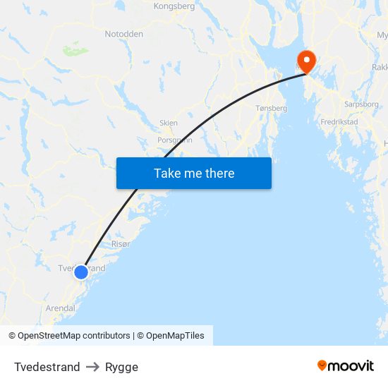 Tvedestrand to Rygge map