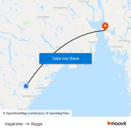 Vegårshei to Rygge map