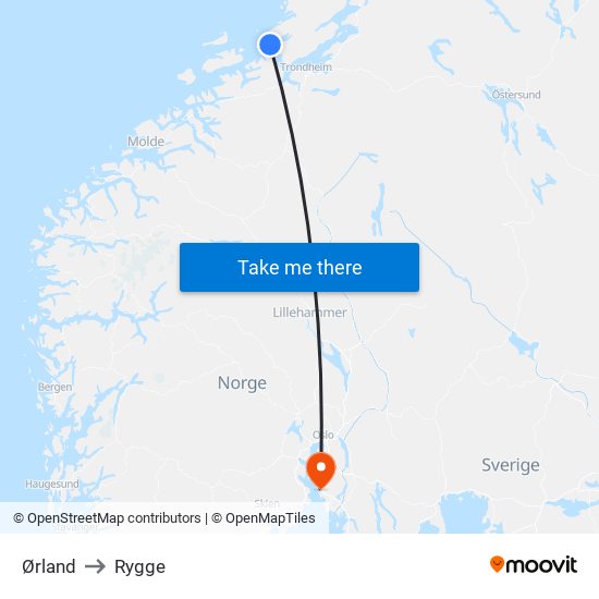 Ørland to Rygge map