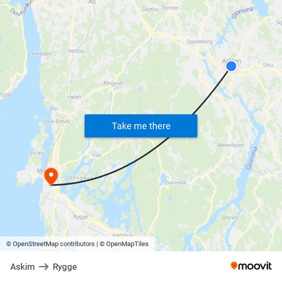 Askim to Rygge map