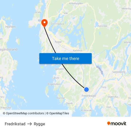 Fredrikstad to Rygge map