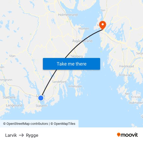 Larvik to Rygge map