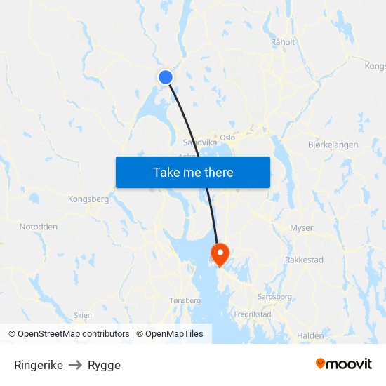 Ringerike to Rygge map