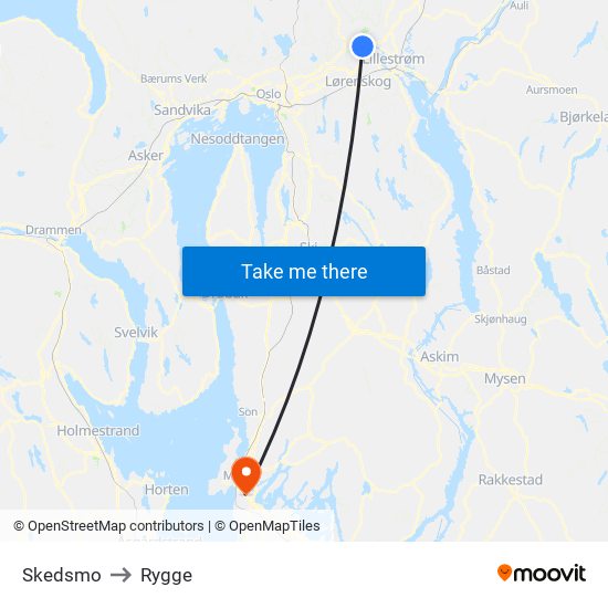 Skedsmo to Rygge map