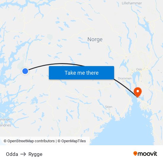 Odda to Rygge map