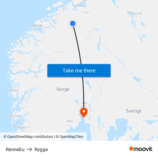 Rennebu to Rygge map