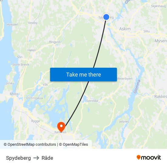 Spydeberg to Råde map