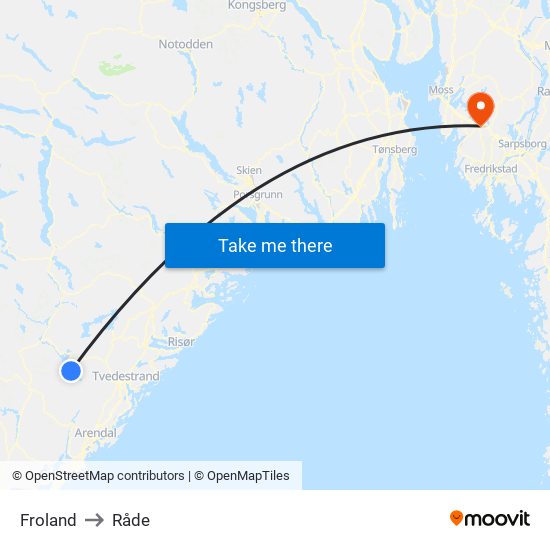 Froland to Råde map