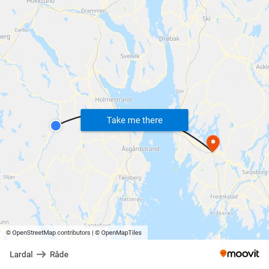 Lardal to Råde map